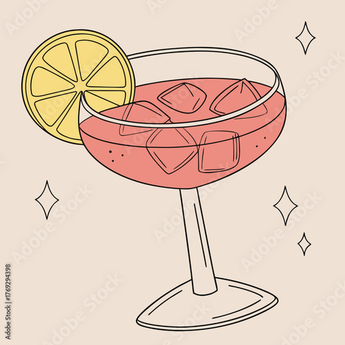 A pink cocktail in a glass with ice cubes and a lemon slice garnish