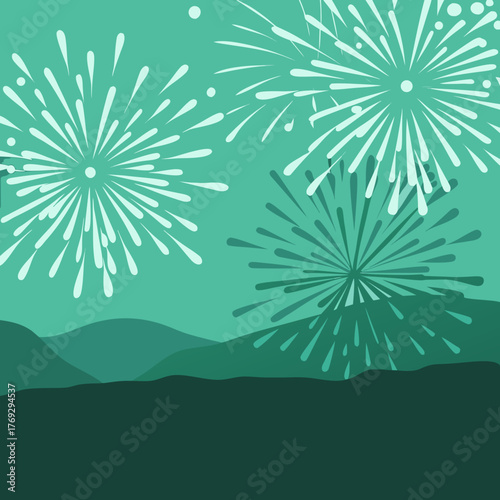 Illustration of fireworks over mountains on a teal background