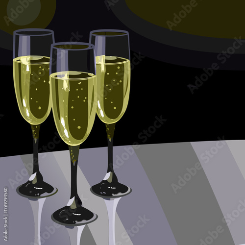 Three champagne glasses filled with sparkling wine on a reflective surface