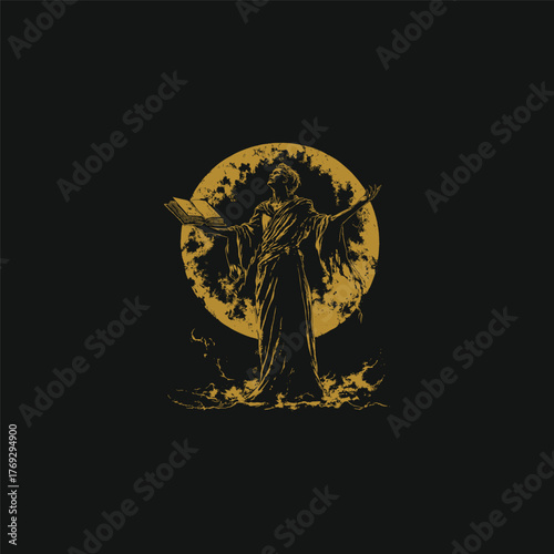 Dramatic vintage-style illustration of a sorcerer or prophet in flowing robes, holding a book and raising arms against a distressed, golden moon background