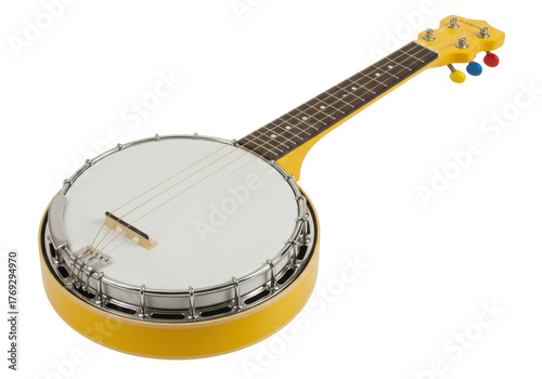 Cuadro en lienzo Isolated yellow banjo ukulele, musical instrument of four strings for traditiona