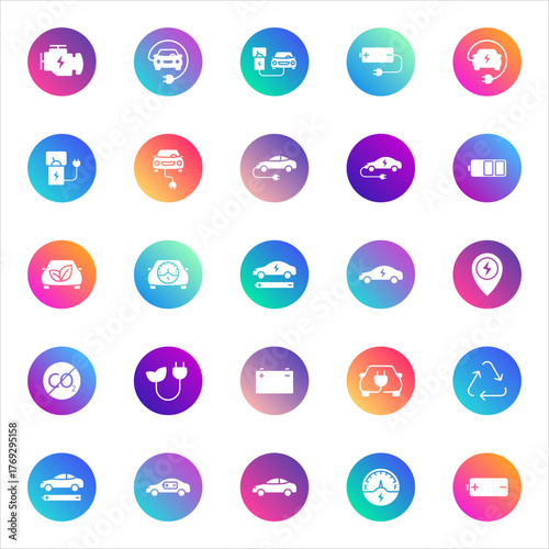 Set of 25 round electric vehicle and sustainability glyph icons in white style on colorful gradient backgrounds. Includes EV, charging, battery, and eco symbols for UI, apps, and web design.