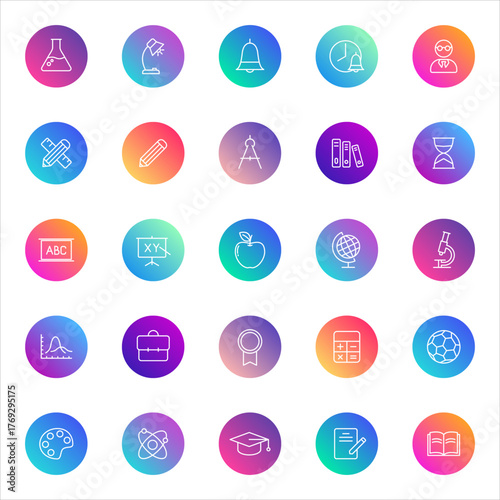 Set of 25 round education and learning icons in white outline style on colorful gradient backgrounds. Includes school subjects, teaching tools, and academic symbols for UI and web design.