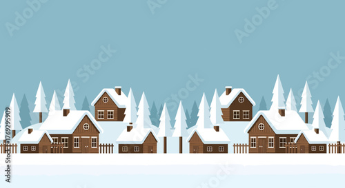 A serene, symmetrical winter scene depicts charming wooden cabins and tall pine trees nestled under a heavy blanket of pure white snow against a pale blue sky.