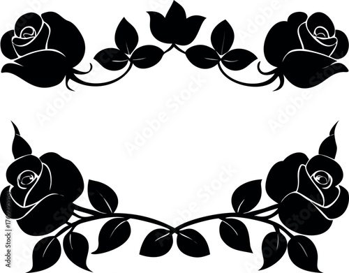 Elegant Rose Floral Border Frame Exquisite Black Silhouette Design for Decorative Elements
