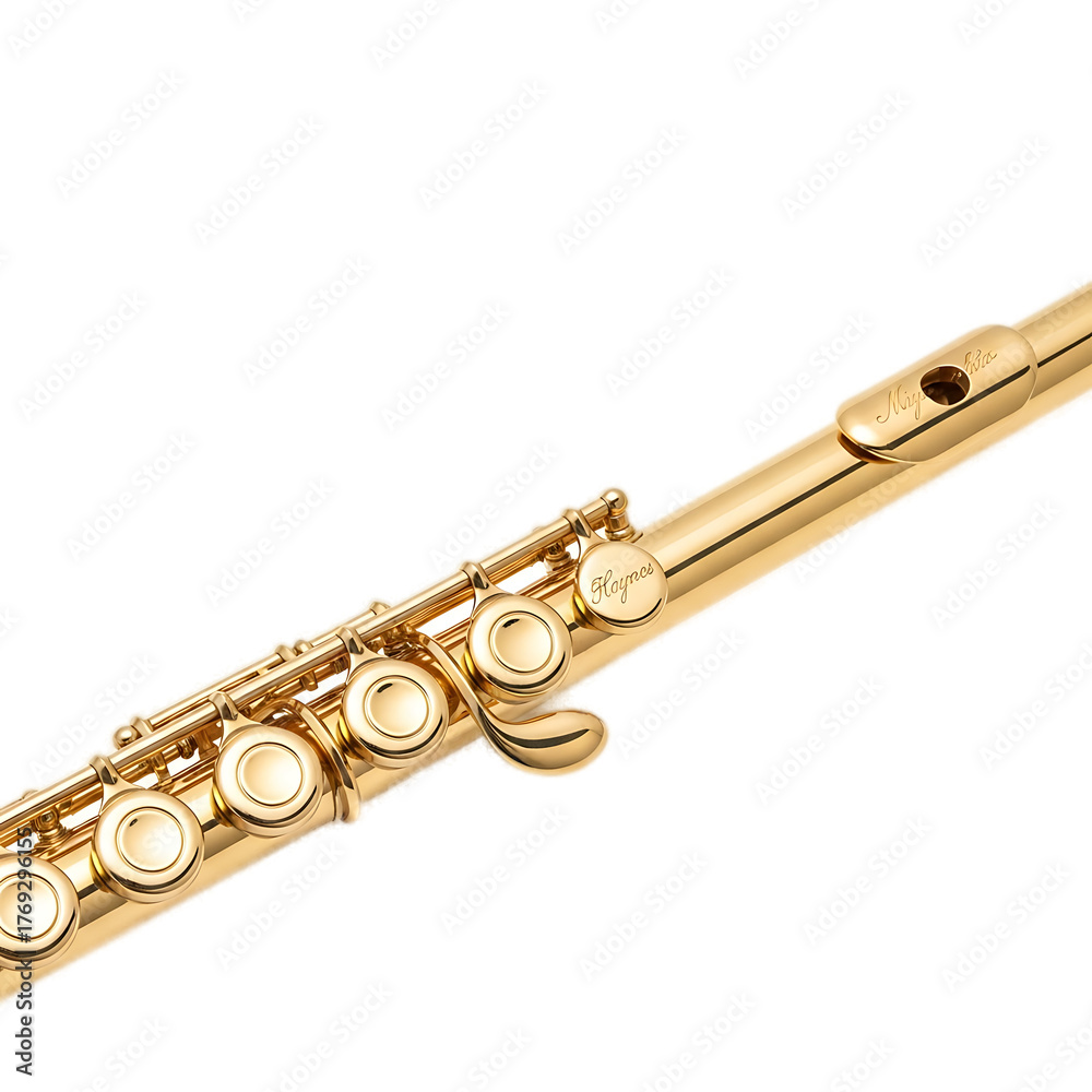 Fototapeta premium Close-up of a gleaming gold instrument with circular keys and a mouthpiece, diagonally positioned against a black background