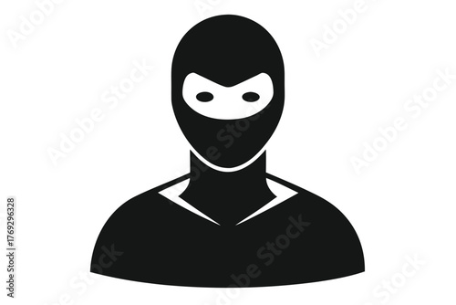 Monochrome figure of a person in a balaclava, with minimal facial features