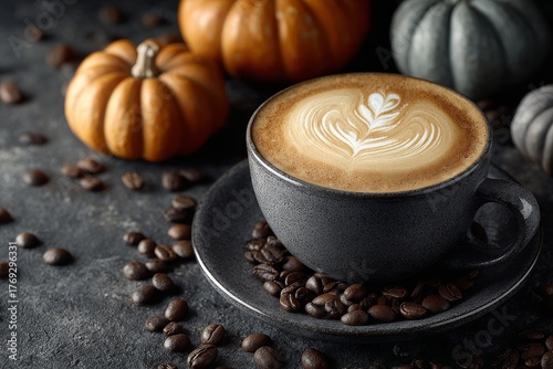 Halloween themed latte art with pumpkin pattern in coffee, cozy autumn drink