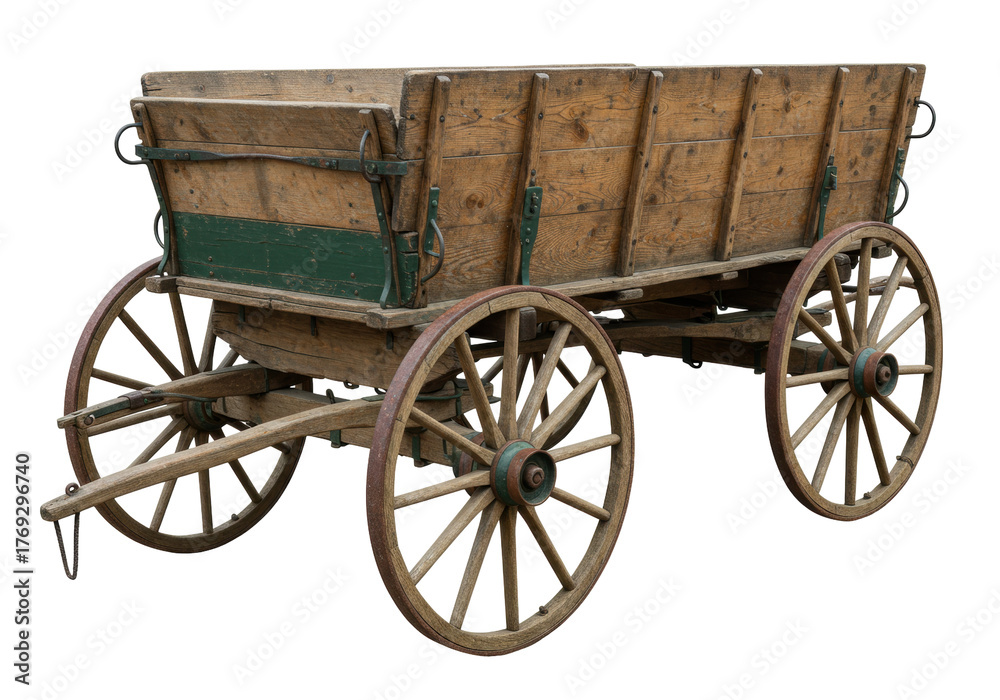 Fototapeta premium Isolated historical wooden wagon with open-topped body for transporting goods, crops, or people
