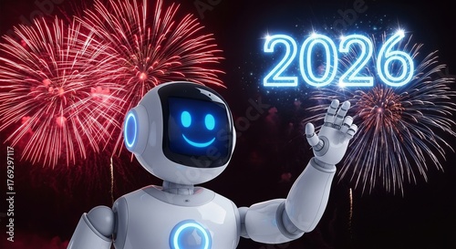 Futuristic robot celebrates 2026 new year with glowing lights and a display of colorful fireworks