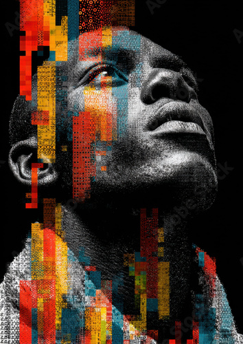 Portrait of Man with Pixelated Color Block Design, AI Generative Art