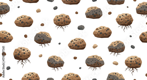 Seamless Pattern of Cartoonish Rocks and Boulders with Roots on a Clean White Background