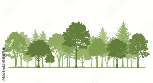 Serene tree line silhouette in graduated green shades, evoking natural harmony and tranquility