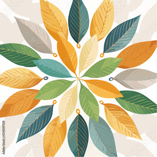 Symmetrical leaf pattern with varied hues creating a nature-inspired design arrangement