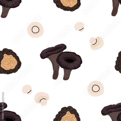 Seamless mushroom pattern, flat vector illustration with edible, wild, and medicinal mushrooms including morel, porcini, truffle, reishi, oyster, shiitake, puffball, and chanterelle