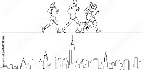 Line Art Illustration of Runners in Athletic Gear over Cityscape.