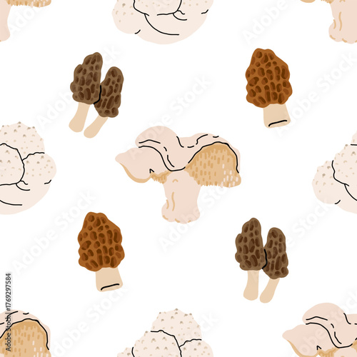 Seamless mushroom pattern, flat vector illustration with edible, wild, and medicinal mushrooms including morel, porcini, truffle, reishi, oyster, shiitake, puffball, and chanterelle