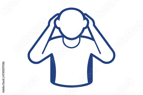 Minimalist illustration of a person with hands on head in blue