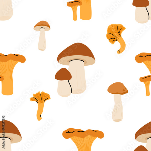 Seamless mushroom pattern, flat vector illustration with edible, wild, and medicinal mushrooms including morel, porcini, truffle, reishi, oyster, shiitake, puffball, and chanterelle