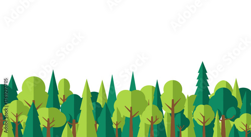 Stylized low poly forest illustration featuring diverse trees against a blank backdrop for design