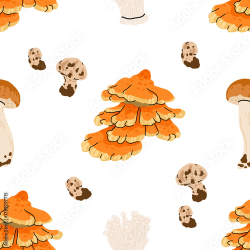Seamless mushroom pattern, flat vector illustration with edible, wild, and medicinal mushrooms including morel, porcini, truffle, reishi, oyster, shiitake, puffball, and chanterelle