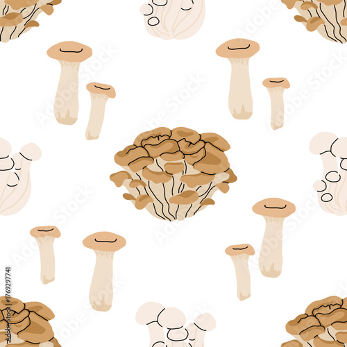 Seamless mushroom pattern, flat vector illustration with edible, wild, and medicinal mushrooms including morel, porcini, truffle, reishi, oyster, shiitake, puffball, and chanterelle