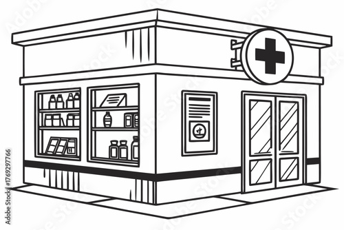a flat-style vector illustration of a pharmacy exterior in black and white, with a cross sign, medicine bottles, and a window showing health products. Outlined in clean black lines on a white backgrou