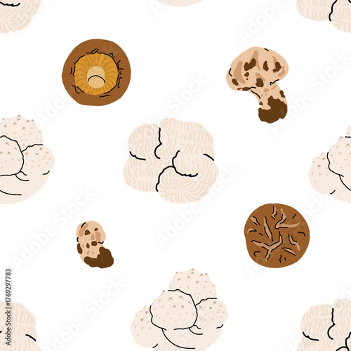 Seamless mushroom pattern, flat vector illustration with edible, wild, and medicinal mushrooms including morel, porcini, truffle, reishi, oyster, shiitake, puffball, and chanterelle