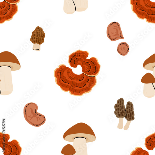 Seamless mushroom pattern, flat vector illustration with edible, wild, and medicinal mushrooms including morel, porcini, truffle, reishi, oyster, shiitake, puffball, and chanterelle
