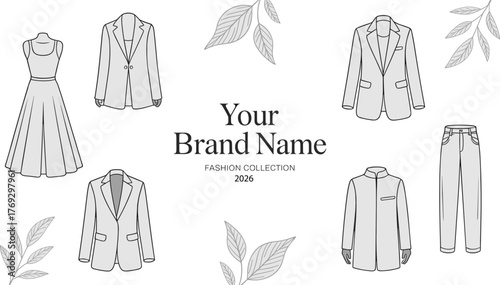 Fashion collection illustration, stylish outfit showcase, premium clothing design, modern apparel branding, elegant wardrobe concept, botanical fashion poster, curated garment layout