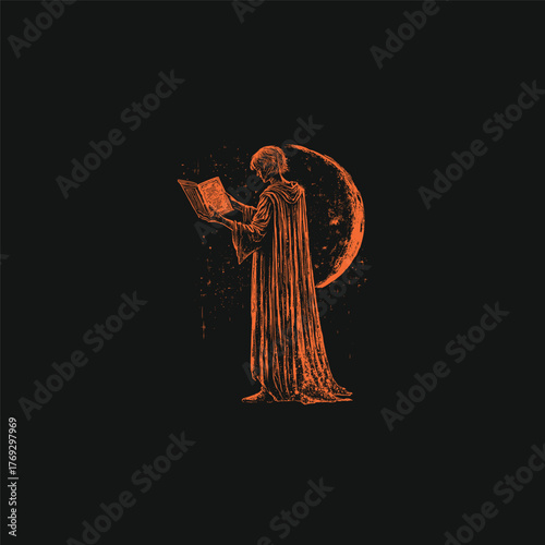 Vintage-style illustration of a mysterious figure in a hooded robe reading an ancient book against a large crescent moon background