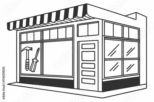 a flat-style vector illustration of a hardware store exterior in black and white, with tools, screws, and wrenches displayed in the window. Outlined in clean black lines on a white background, minimal