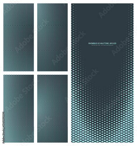 Assorted vector rhombus grid cyan black halftone pattern set in vertical 9:20 aspect ratio including elliptical frame and various smooth textures. Half tone graphic mod design elements collection
