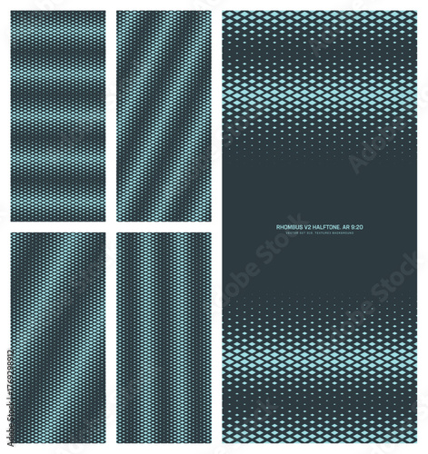 Assorted vector rhombus grid cyan black halftone pattern set in vertical 9:20 aspect ratio including faded frame and various striped textures. Varied half tone graphics mod technology design elements