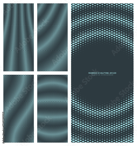 Assorted vector rhombus grid cyan black halftone pattern set in vertical 9:20 aspect ratio including striped round frame and various distorted textures. Varied half tone mod conceptual design elements