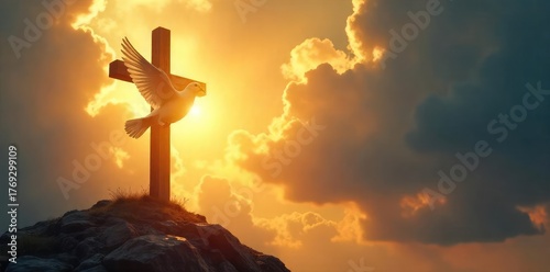 A symbolic depiction of Christian salvation; a dove descending upon a cross, bathed in golden light, representing peace and hope found in faith , tranquility, dove, jesus