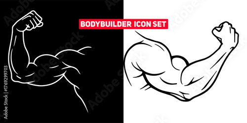 Dynamic bodybuilding arm musculature icons set showcasing biceps and triceps strength and definition vector
