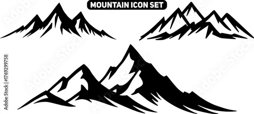 Set of stylized mountain icons featuring jagged peaks and textured slopes for outdoor adventure branding and design elements vector