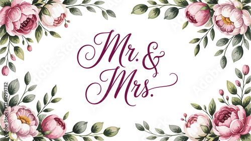 Floral wedding design, elegant peony illustration, romantic event template, decorative marriage layout, stylish celebration graphic, Mr. and Mrs. poster