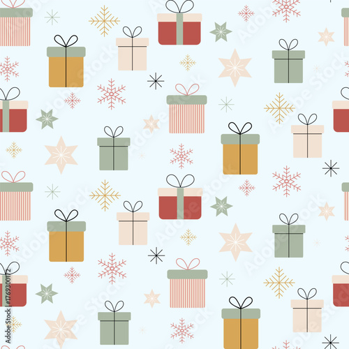 Seamless Christmas pattern with gifts, snowflakes, and stars. Minimalist flat design in pastel tones. Vector for packaging, greeting cards, and winter decor.
