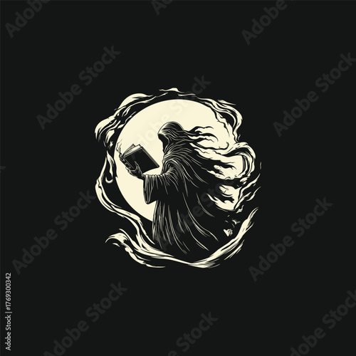 Moody vintage illustration of a mysterious hooded figure in a flowing robe reading a magic book, surrounded by swirling energy or wind, set against a glowing circular backdrop