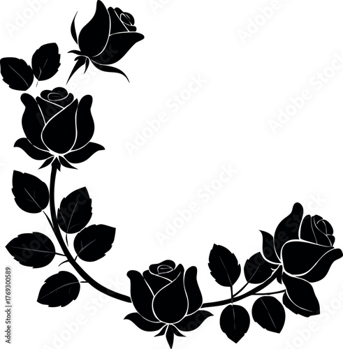 Elegant Black Rose Border Design with Swirling Leaves and Petals - Perfect for Invitations and Decorations
