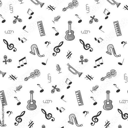Musical notations and symbols on a white background with musical instruments.Vector seamless pattern with musical instruments and musical notes on a white background.