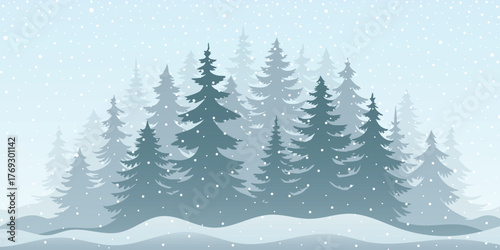 Winter minimalistic landscape, forest and snowfall, vector illustration