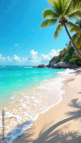 Sun-drenched beach scene, vibrant blue ocean waves lapping gently on the shore, promising a carefree summer ahead Perfect for travel, vacation, and summer holiday themes , serenity, sky