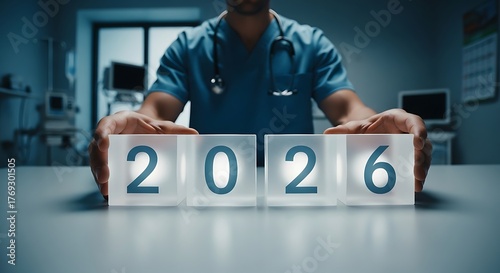 Doctor holding blocks with the year 2026 in a hospital setting.