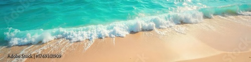 Sun-drenched golden sand meets turquoise ocean waves, creating a postcard-perfect beach holiday scene Perfect for travel, vacation, and summer themes , peaceful, getaway, coast