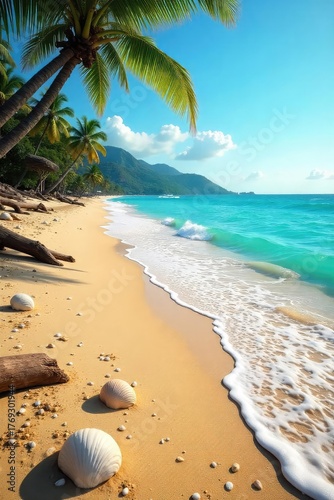 Sun-drenched golden sand meets turquoise ocean waves on a tranquil beach Perfect for a relaxing holiday escape Seashells, driftwood, and gentle waves create a serene coastal scene , sky, holiday