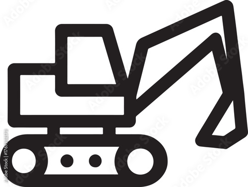   Tracked excavator side view line art representing construction machinery, digging, and heavy equipment.