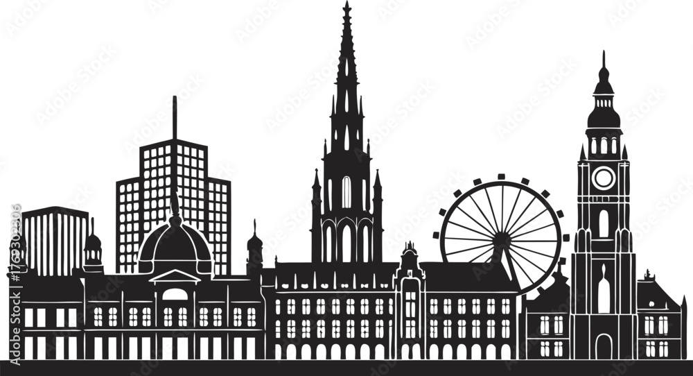 Fototapeta premium High resolution black and white city skyline silhouette design with detailed architectural elements